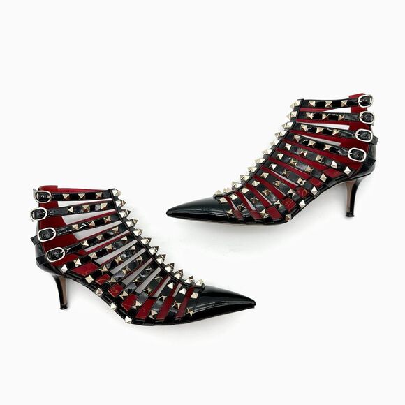 VALENTINO Rockstud Alcove Black Leather Boot Size 38 Pointed Toe Kitten Stiletto - Picture 8 of 11